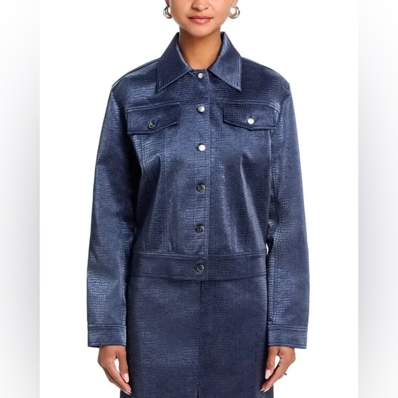 WAYF Camille Glossy Navy Blue Faux Leather Crocodile Alligator Lizard Jacket NWT - Picture 4 of 10